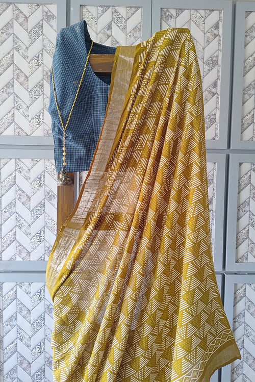 Printed  linen saree in yellow