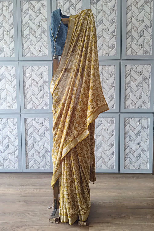 Printed  linen saree in yellow