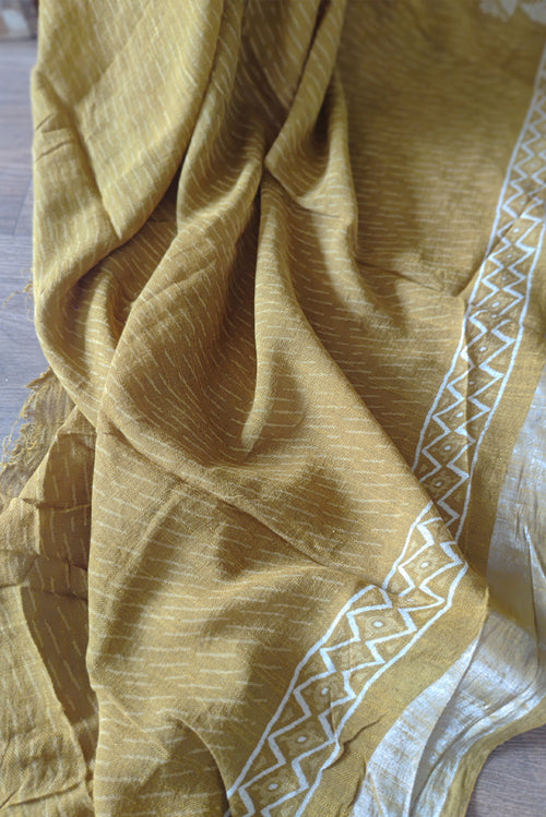 Printed  linen saree in yellow