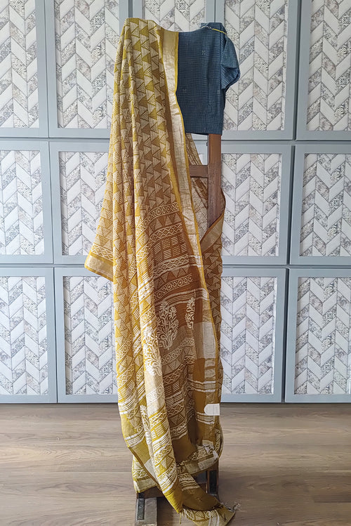 Printed  linen saree in yellow