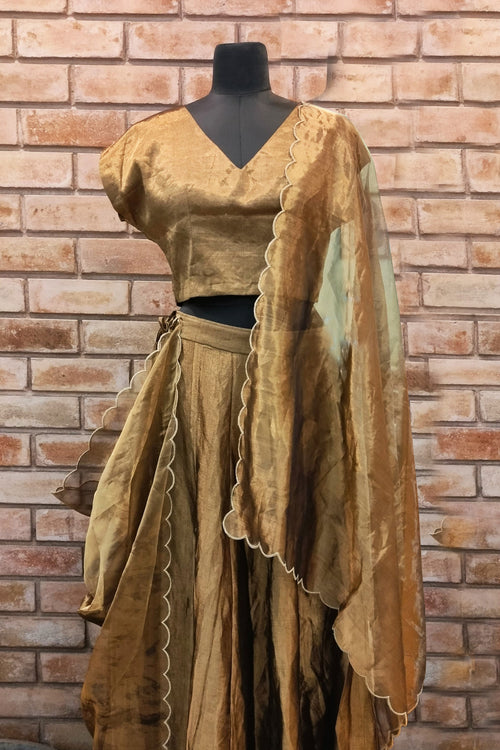 Antique Gold tissue dupatta with scallop edge