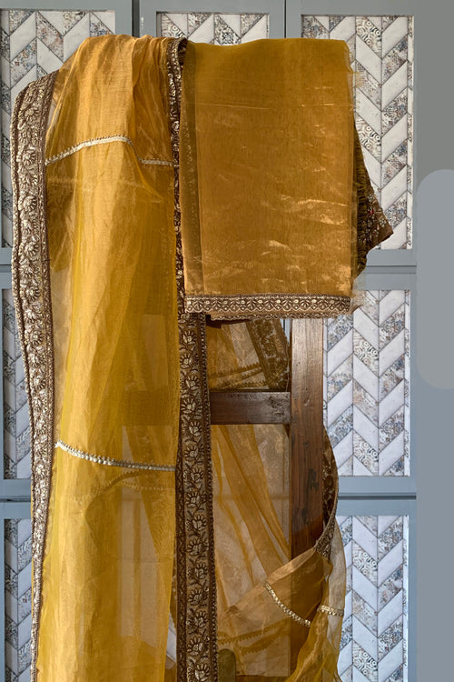 Gold tissue sari with rich border and gota lines