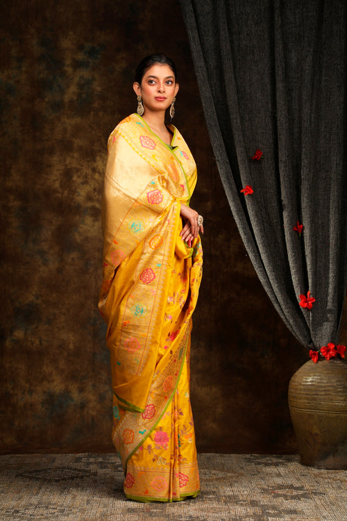 yellow banarasi sari with floral motif