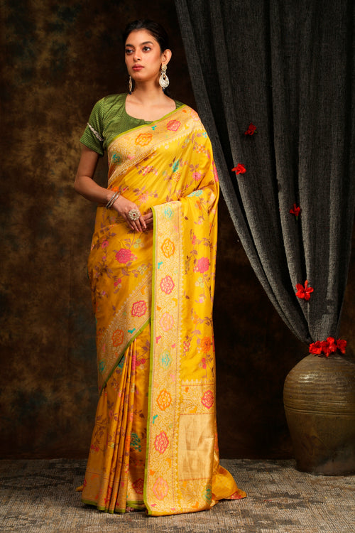 yellow banarasi sari with floral motif