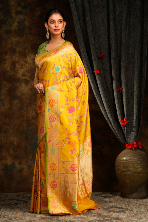 yellow banarasi sari with floral motif