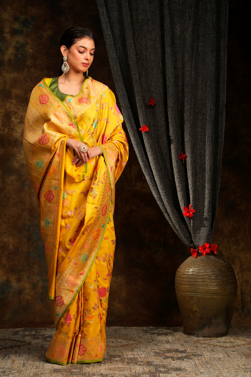 yellow banarasi sari with floral motif