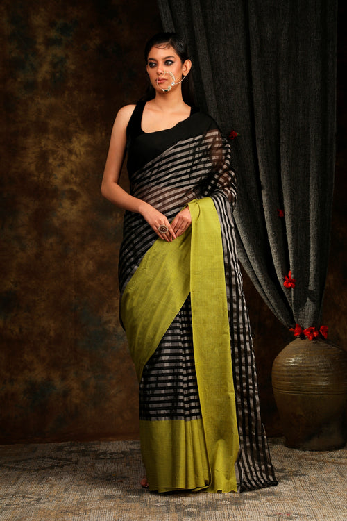 silver stripe handloom tissue silk sari 
