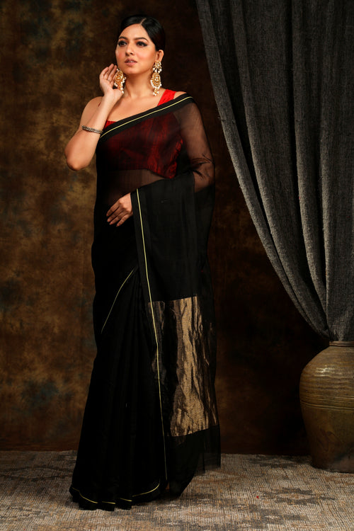 Nisha black cotton silk handloom sari