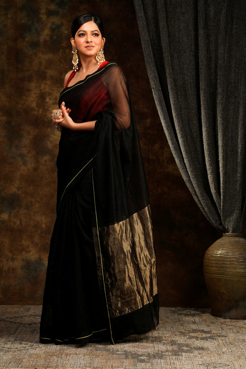 Nisha black cotton silk handloom sari