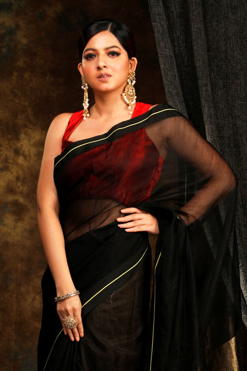 Nisha black cotton silk handloom sari
