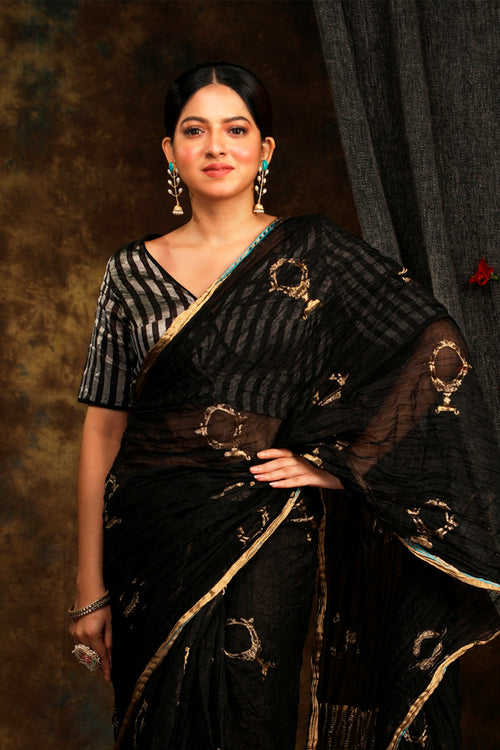 Crushed black sari with aina buti