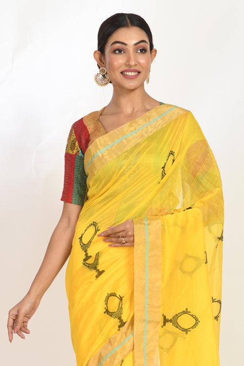 Yellow handloom cotton sari with sheesha motif