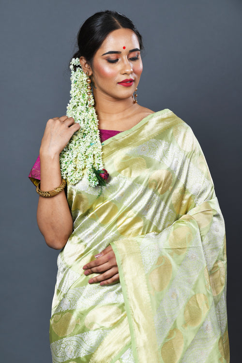 Mint banarasi silk sari with leaf motif