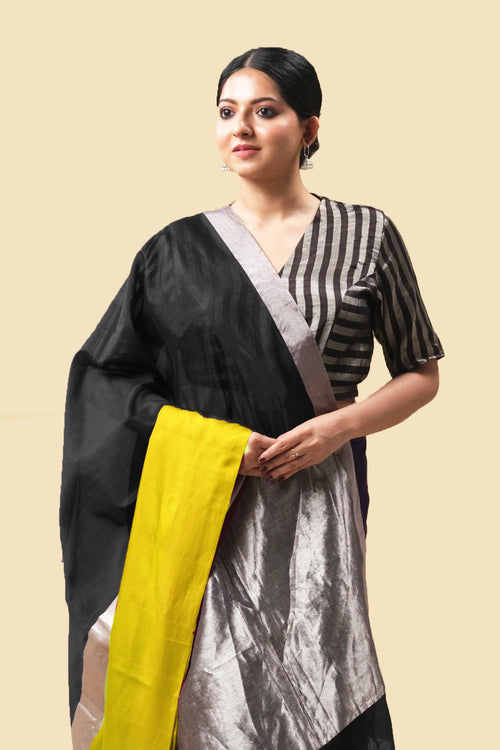 Black cotton silk sari with broad green mushru border with stripe tissue blouse piece