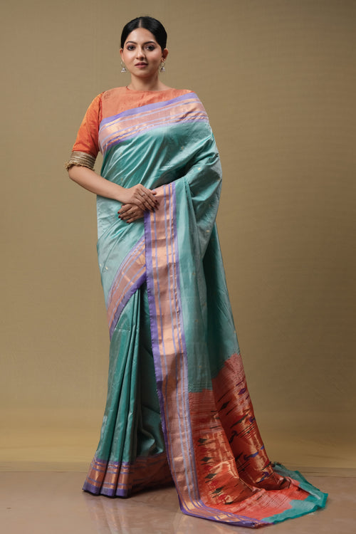 Aqua silk handwoven paithani saree