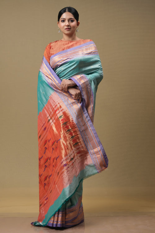 Aqua silk handwoven paithani saree