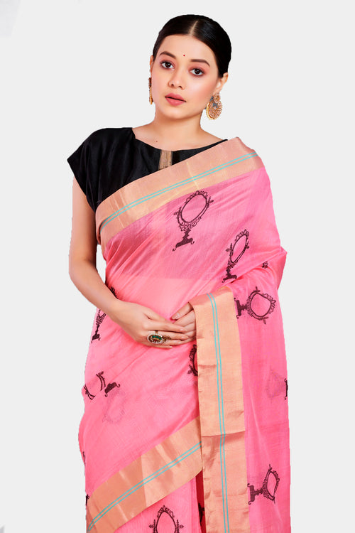 Pink handloom cotton/silk sari with sheesha buti