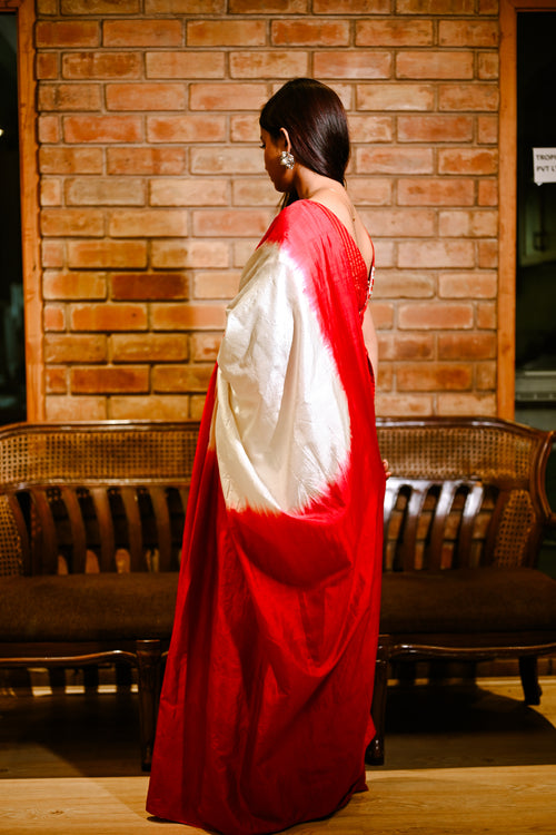 Alta Red Handwoven Bengali Silk Sari Worn During Durga Pujo