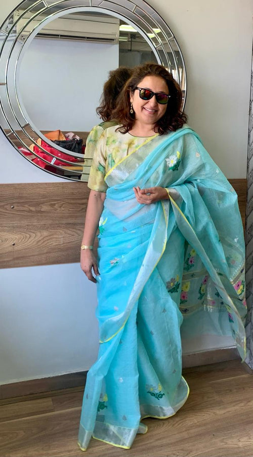 Aqua_Blue_real_Zari_Kota_sari_ with embroidered flowers
