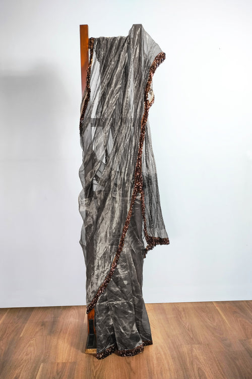 Crushed silver tissue saree with fringe