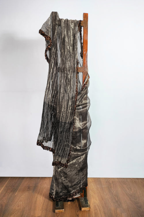 Crushed silver tissue saree with fringe