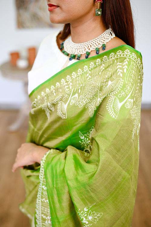 Beautifully draped Green printed silk handwoven sari