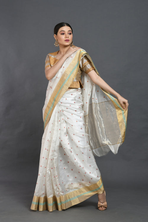 White silk saree with red buties