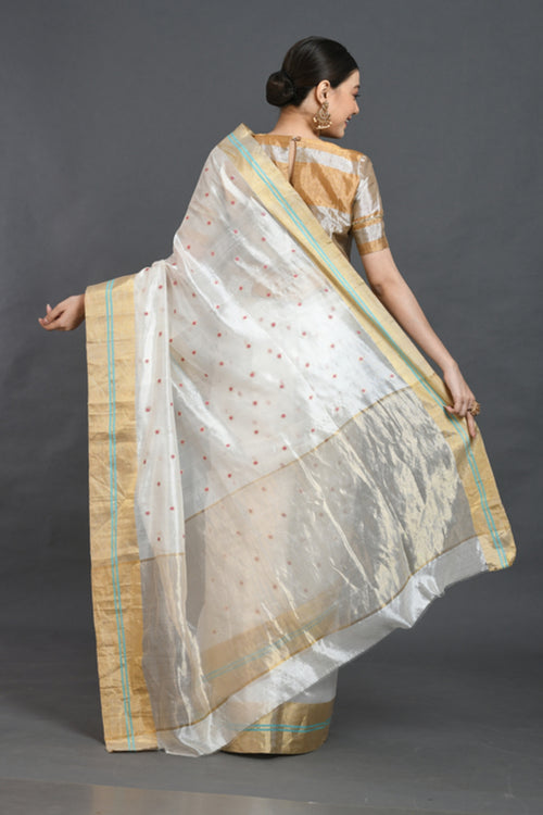 White silk saree with red buties