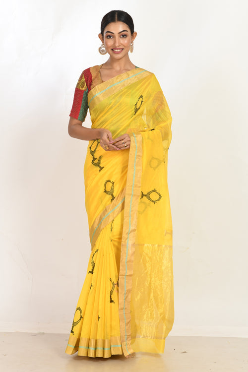 Yellow handloom cotton sari with sheesha motif