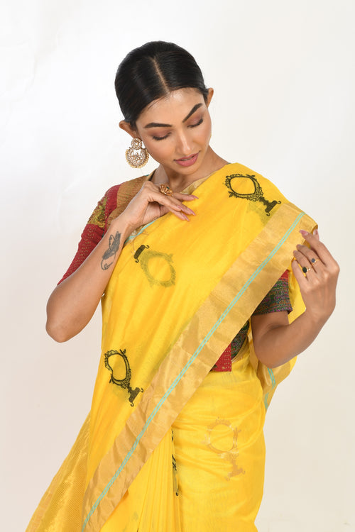 Yellow handloom cotton sari with sheesha motif