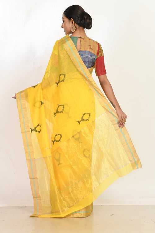 Yellow handloom cotton sari with sheesha motif