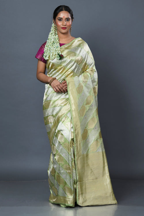 Mint banarasi silk sari with leaf motif