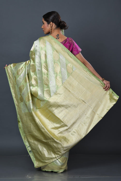 Mint banarasi silk sari with leaf motif