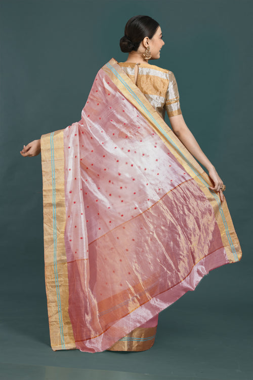 Dusty Pink Geheni Silk Saree with Handwoven Meena Buti & Gold Border