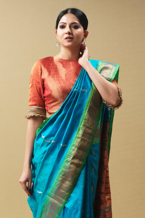 Aqua Paithani handwoven sari