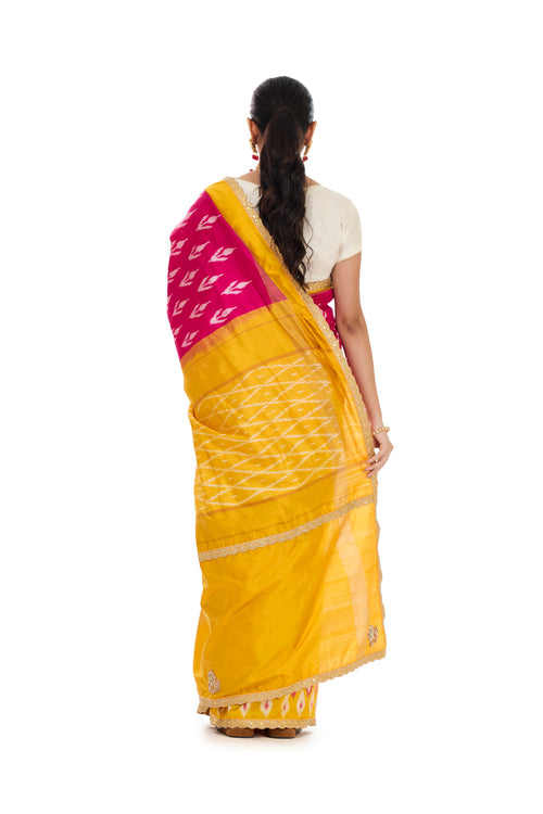 Handloom Pink and Yellow Ikat Saree