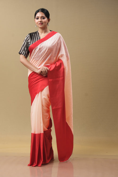 Mushru  peach and red saree