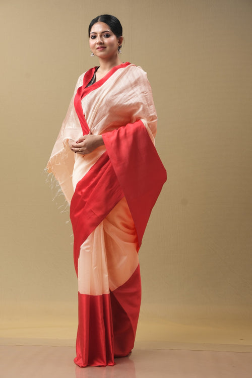 Mushru  peach and red saree