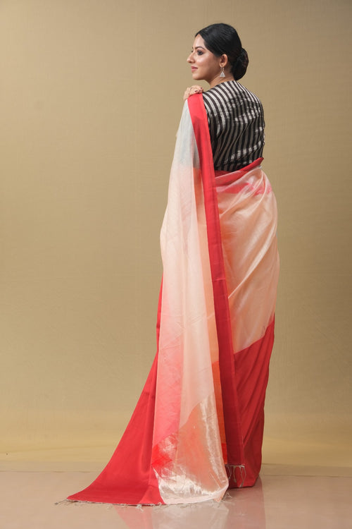 Mushru  peach and red saree
