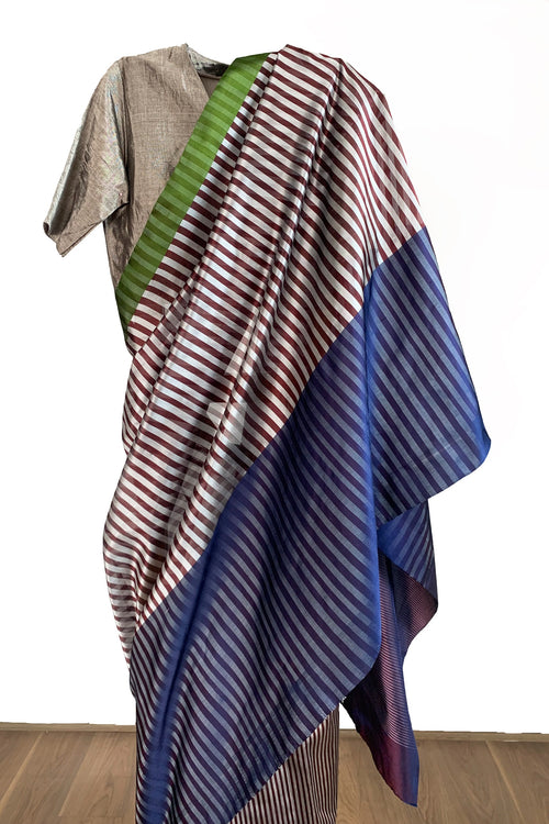 Elegant silk stripes saree in  wine and blue colour