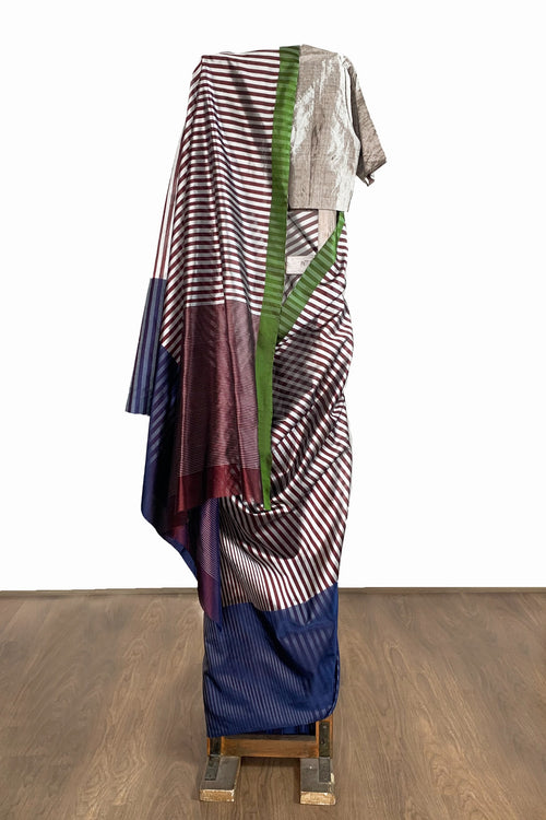 Elegant silk stripes saree in  wine and blue colour