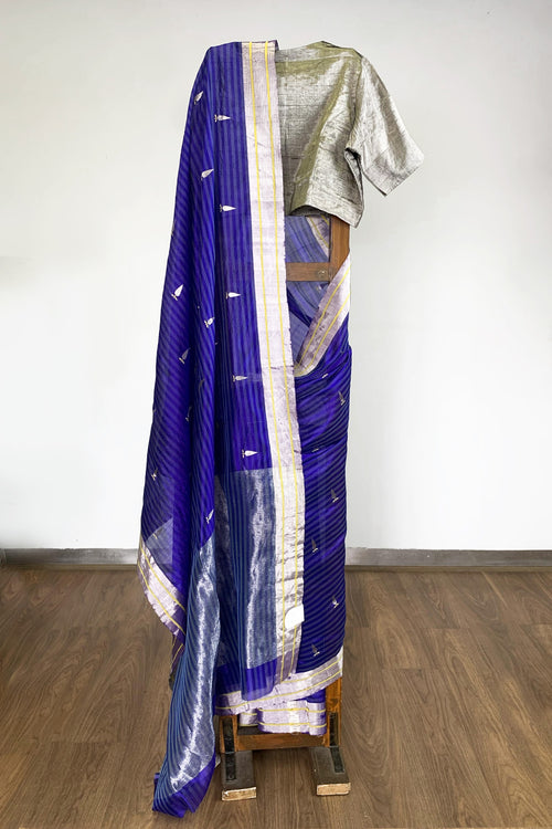 Blue striped sari with tilak motif (silk)