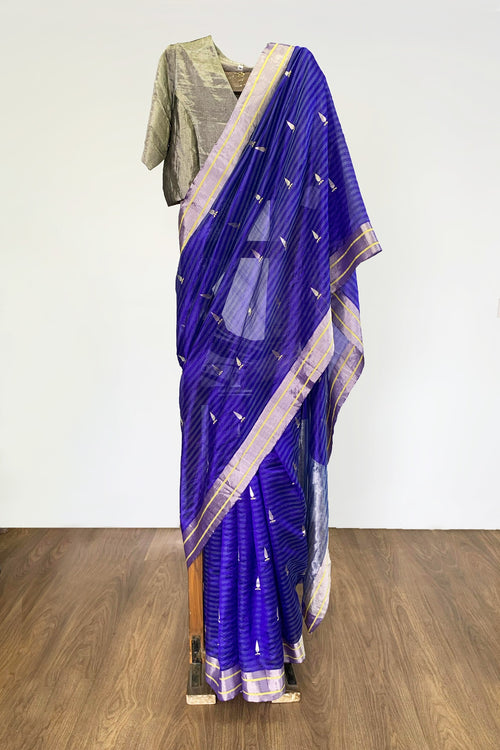 Blue striped sari with tilak motif (silk)