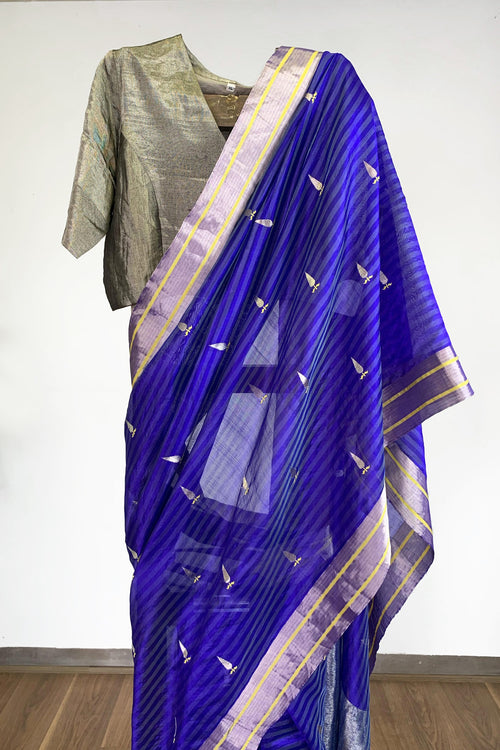 Blue striped sari with tilak motif (silk)
