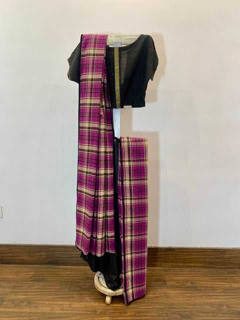 Purple checkered half stitched sari