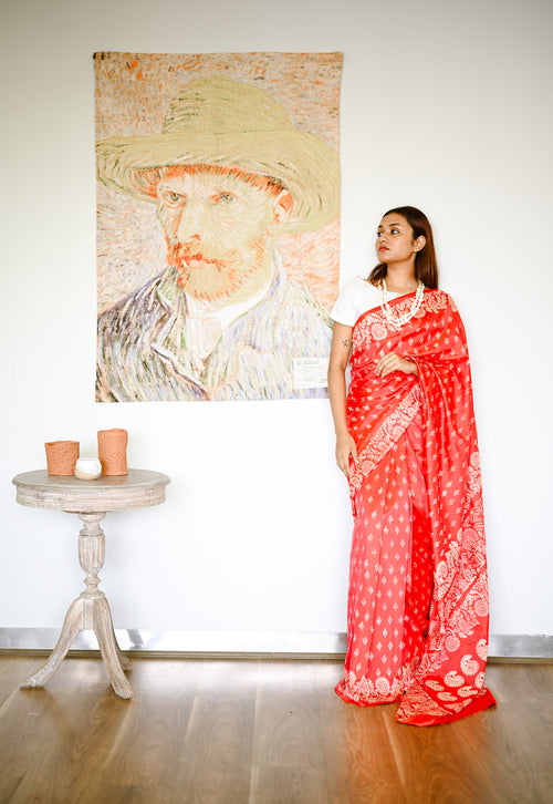 Printed Red silk handwoven bengal sari