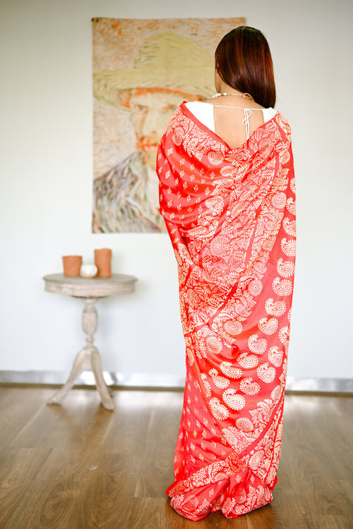 Printed Red silk handwoven bengal sari