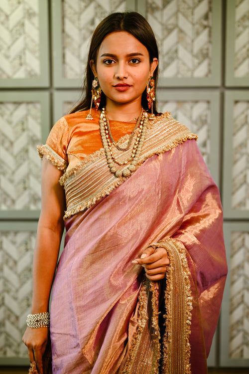 Purple tissue silk handwoven sari with phuljhari