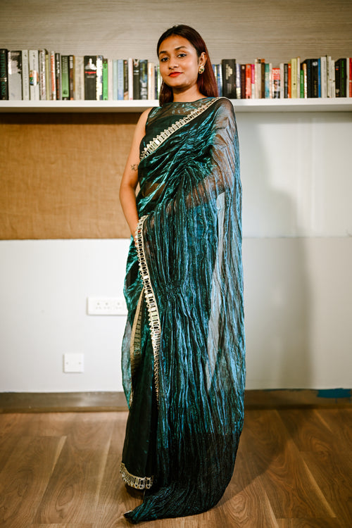 Teal tissue cocktail sari with black blouse piece