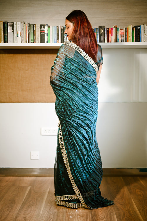 Teal tissue cocktail sari with black blouse piece